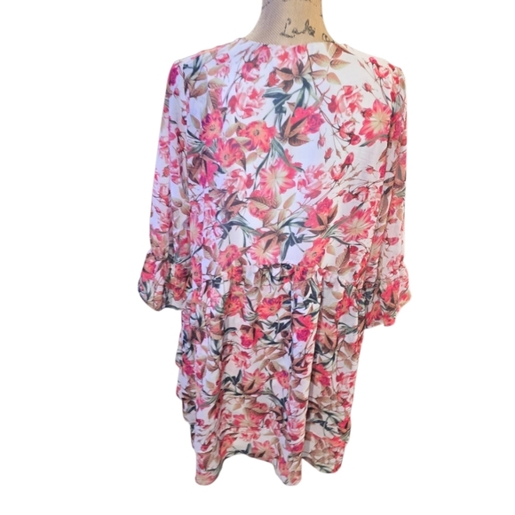 Gianni Bini Floral Print‎ Mini Dress V Neck 3/4 Bell Sleeve White Pink - Picture 3 of 8